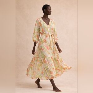 H&M Tropical Leaf Print Maxi Dress 3XL Button Front Belted Tiered Boho Resort